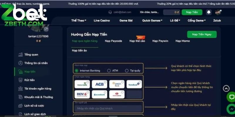 Hướng dẫn nạp tiền ZBET với từng phương thức cụ thể